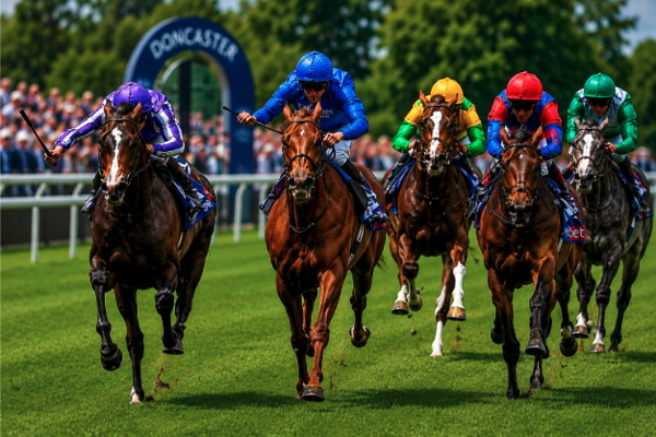 Jockeys riding horses during a flat race