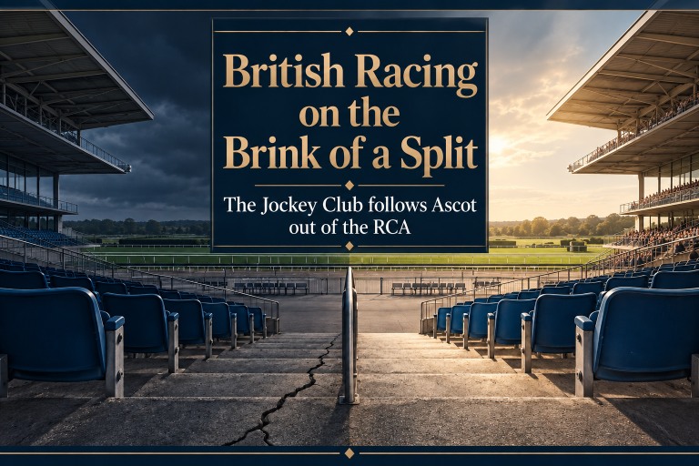A racecourse grandstand split between a stormy, empty side and a sunlit, crowded side, with a cracked stairway between them; banner text reads "British Racing on the Brink of a Split — The Jockey Club follows Ascot out of the RCA"