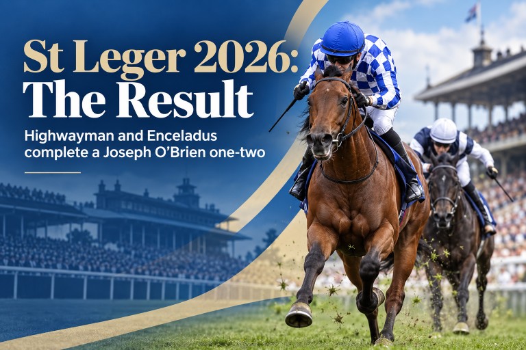 A jockey in blue and white silks driving a bay colt clear ahead of a stablemate down the St Leger straight, with banner text "St Leger 2026: The Result — Highwayman and Enceladus complete a Joseph O'Brien one-two"