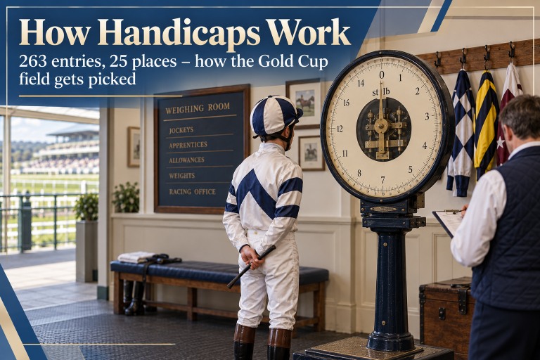A jockey being weighed on a traditional scale in the weighing room while an official records the reading, with banner text "How Handicaps Work — 263 entries, 25 places, how the Gold Cup field gets picked"