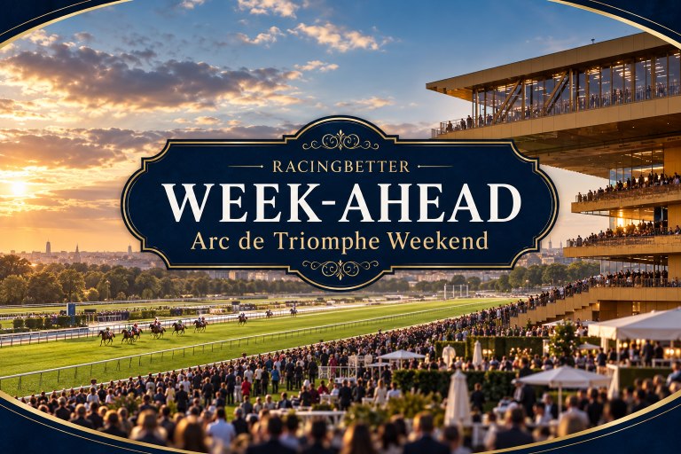 Horses racing down a straight at sunset in front of a packed modern grandstand, with banner text "RacingBetter Week-Ahead — Arc de Triomphe Weekend"